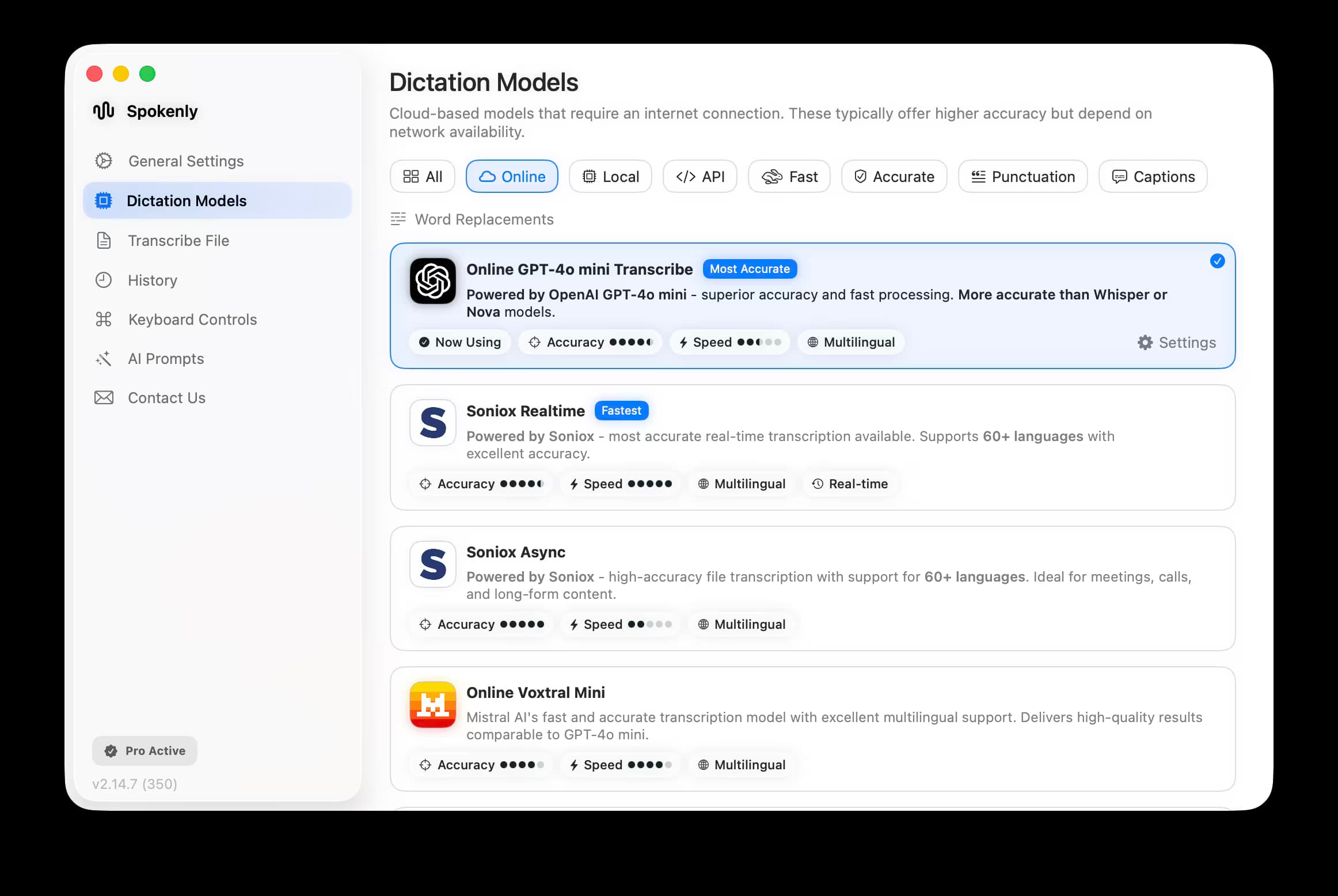 Spokenly dictation models interface showcasing available engines