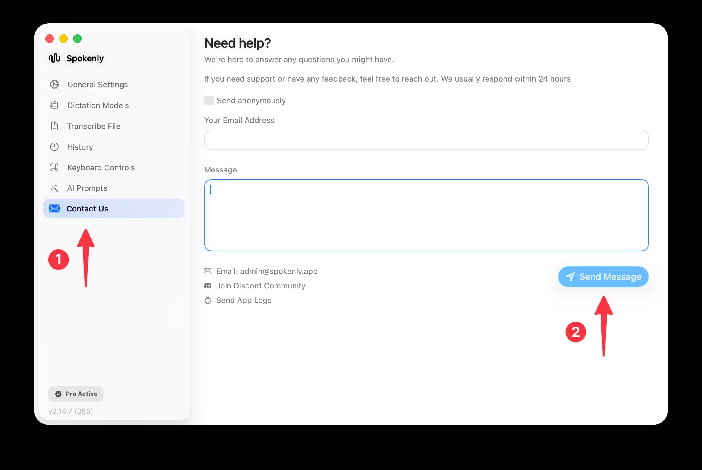 Open the Contact form in Spokenly